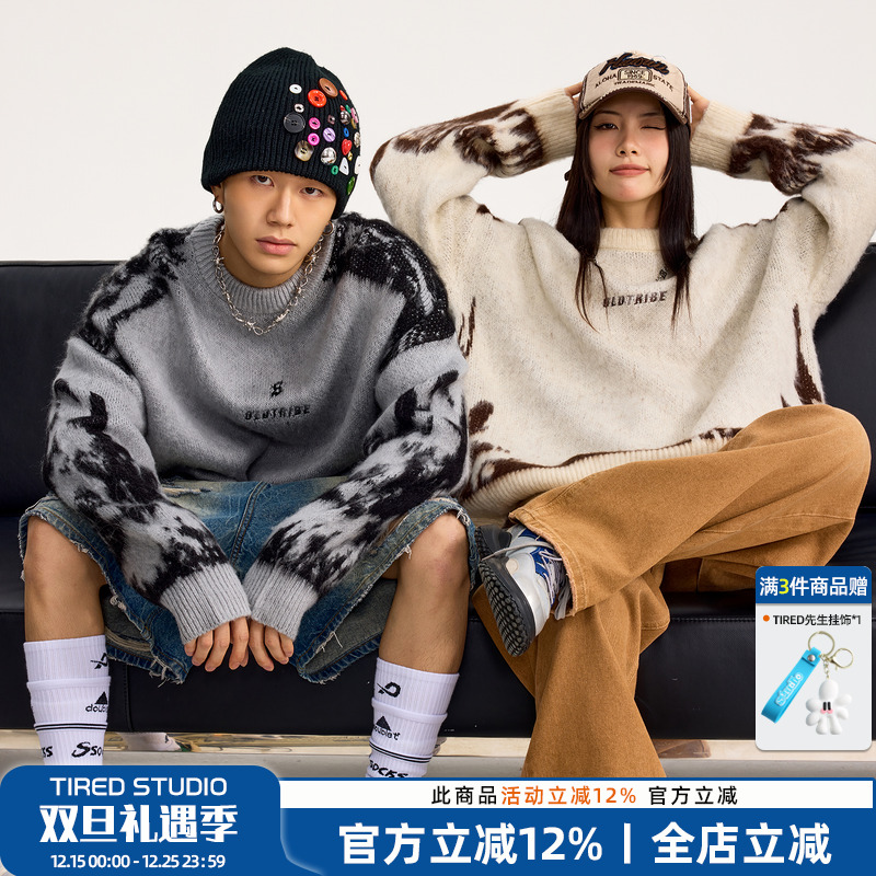 TIRED宽松圆领印花针织衫