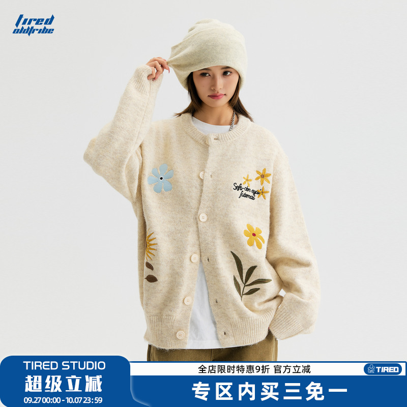 TIRED美式潮流花卉刺绣开衫毛衣