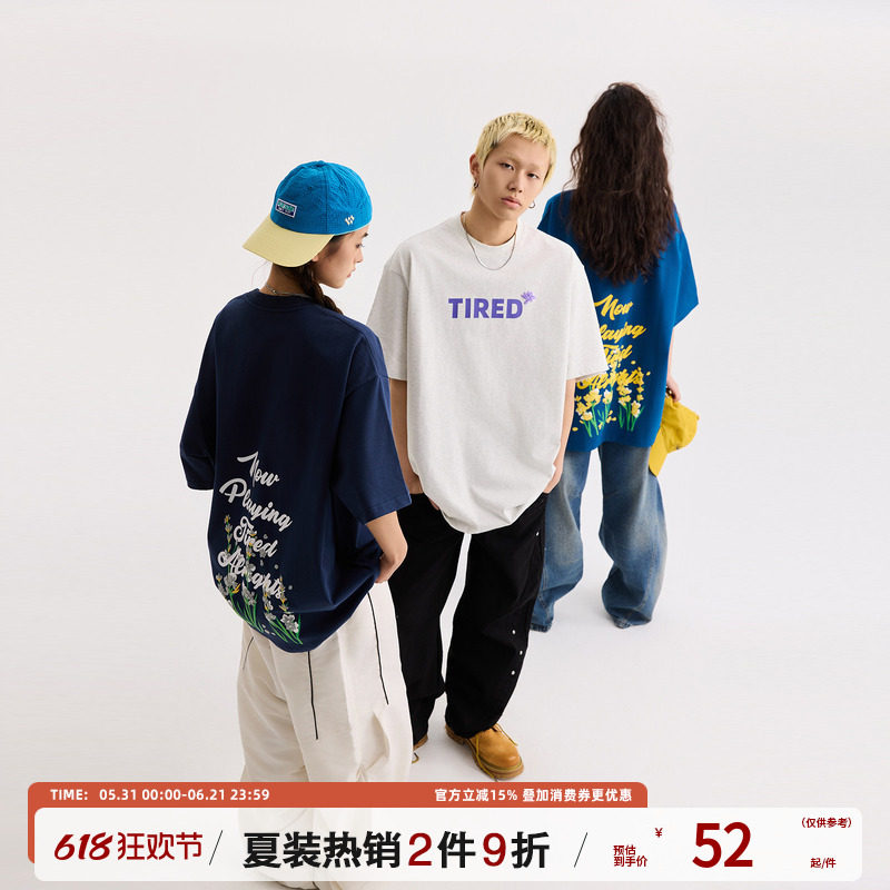 TIRED300g重磅背后花朵短袖t恤夏季宽松上衣学院风街头体恤潮tee