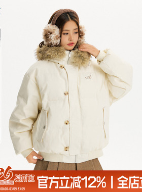 TIRED美式90白鸭绒毛领连帽羽绒服冬季情侣款宽松保暖加厚外套潮