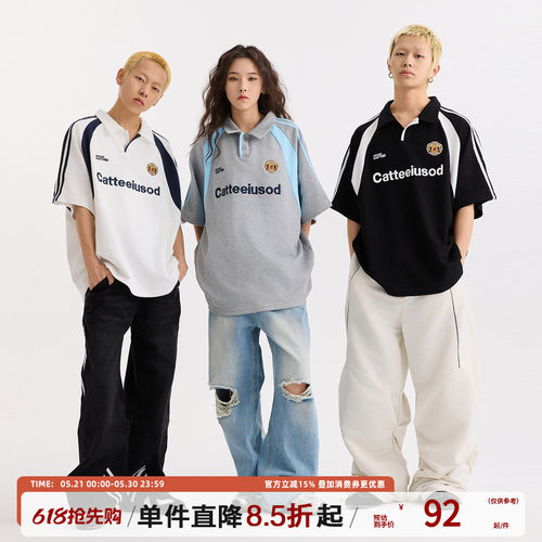 TIRED美式运动风翻领短袖t恤男女夏季街头polo领上衣百搭休闲体恤