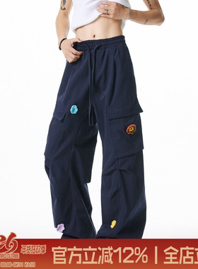 TIRED美式设计感工装裤男女春秋宽松花卉刺绣伞兵裤阔腿休闲裤潮