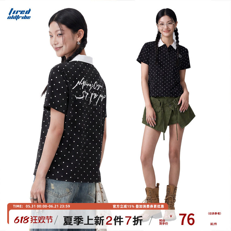TIRED美式复古波点翻领短袖t恤男女同款夏季韩版POLO衫休闲体恤衫