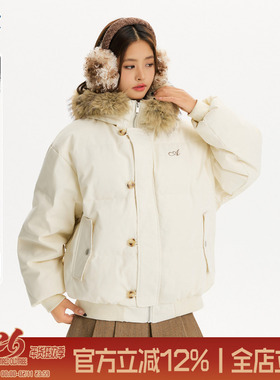 TIRED美式90白鸭绒毛领连帽羽绒服冬季情侣款宽松保暖加厚外套潮