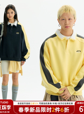 TIRED美式学院风chic拼接翻领长袖卫衣2026春季新款情侣套头上衣