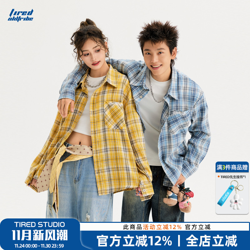 TIRED美式格子长袖衬衫高级感慵懒风秋季衬衣外套街头休闲上衣潮