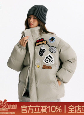 TIRED美式毛巾绣PU皮衣棉服情侣宽松加厚外套国潮保暖休闲棉衣冬