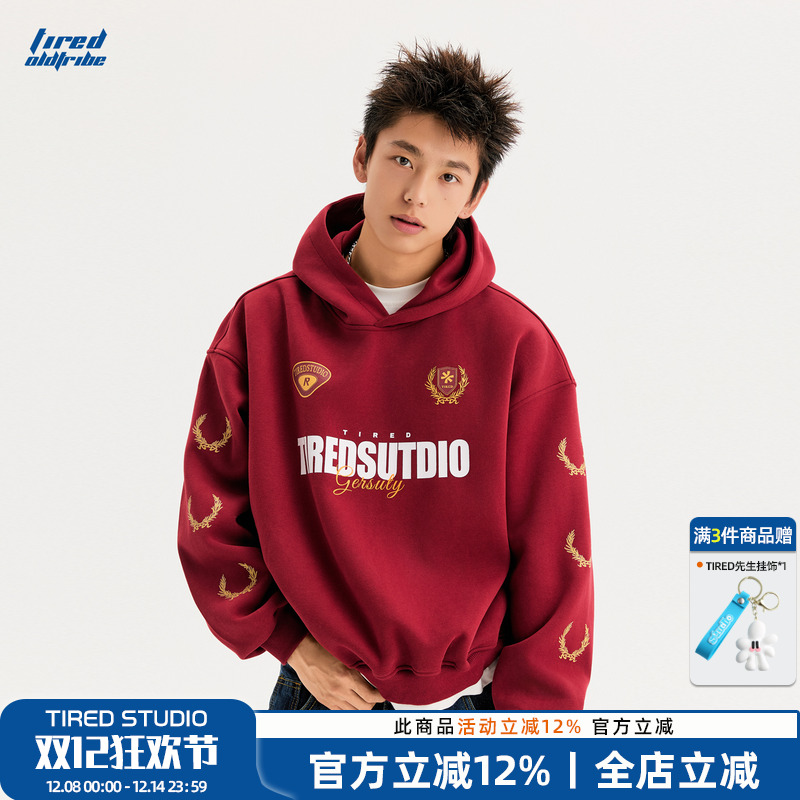 TIRED美式潮流侧缝口袋宽松连帽卫衣情侣短版套头衫街头休闲上衣