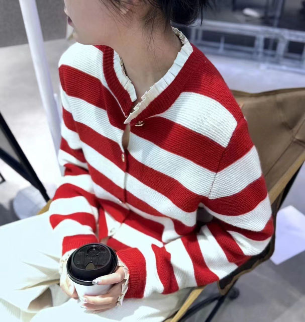 CMT特价红色条纹针织开衫女短款慵懒毛衣外套上衣半价清仓