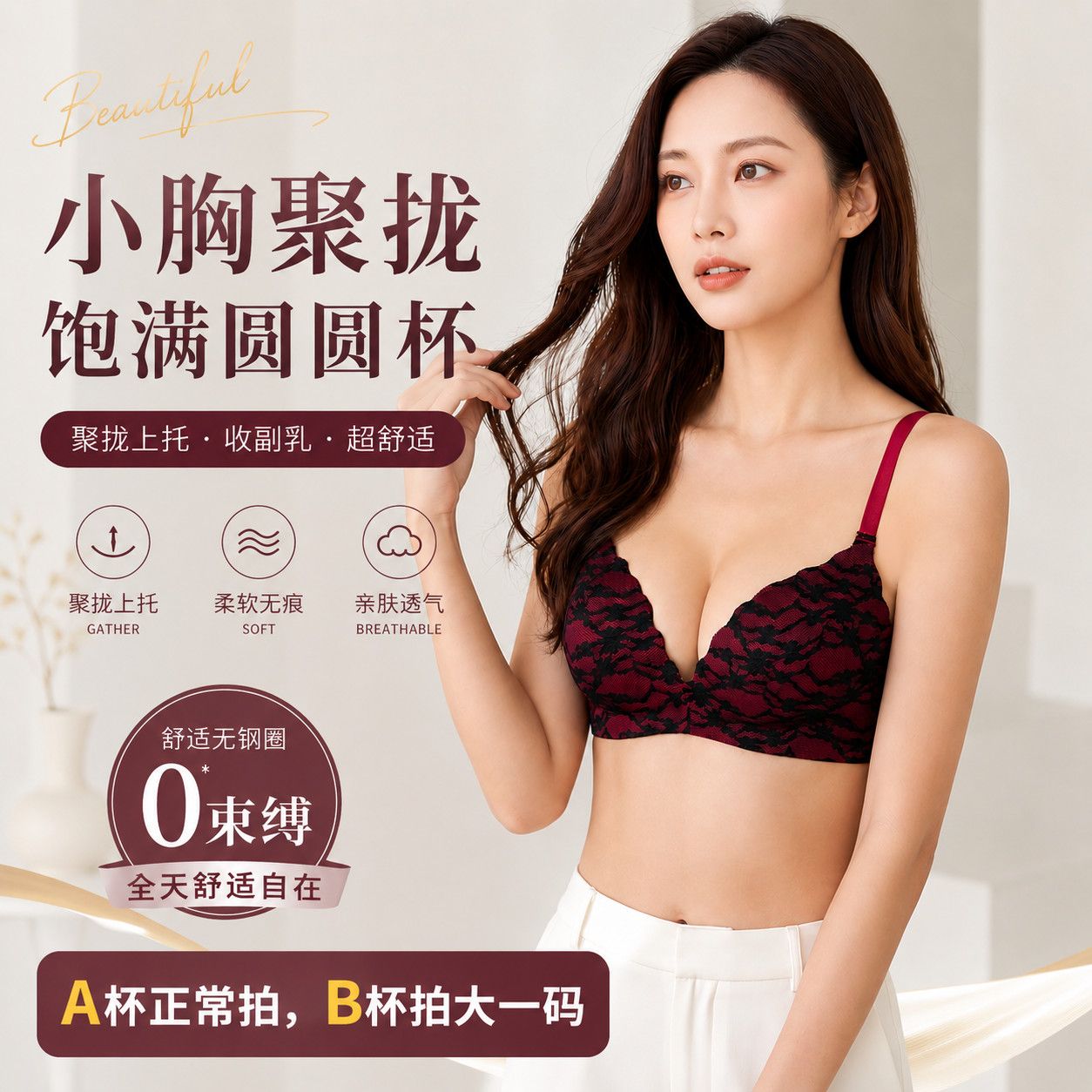 AUN【小胸专属】无痕无钢圈文胸聚拢收副乳深V奢华薄款一片式内衣