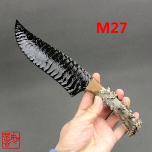 现货天然黑曜石刀红琉璃鹿角柄爪子刀手工打制石器刀龙晶石刀M27
