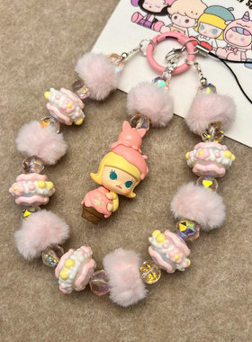 diy礼物泡泡玛特Molly萌粒拉布布毛绒球手绘珠串珠手机链挂绳包挂