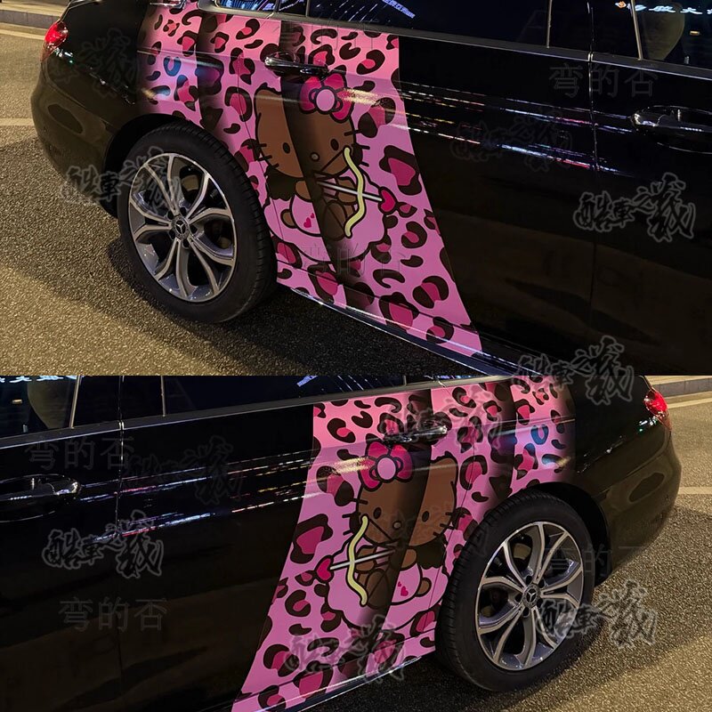 适用于粉色豹纹黑皮KT猫特斯拉Y 3可爱卡通车身装饰hellokitty贴
