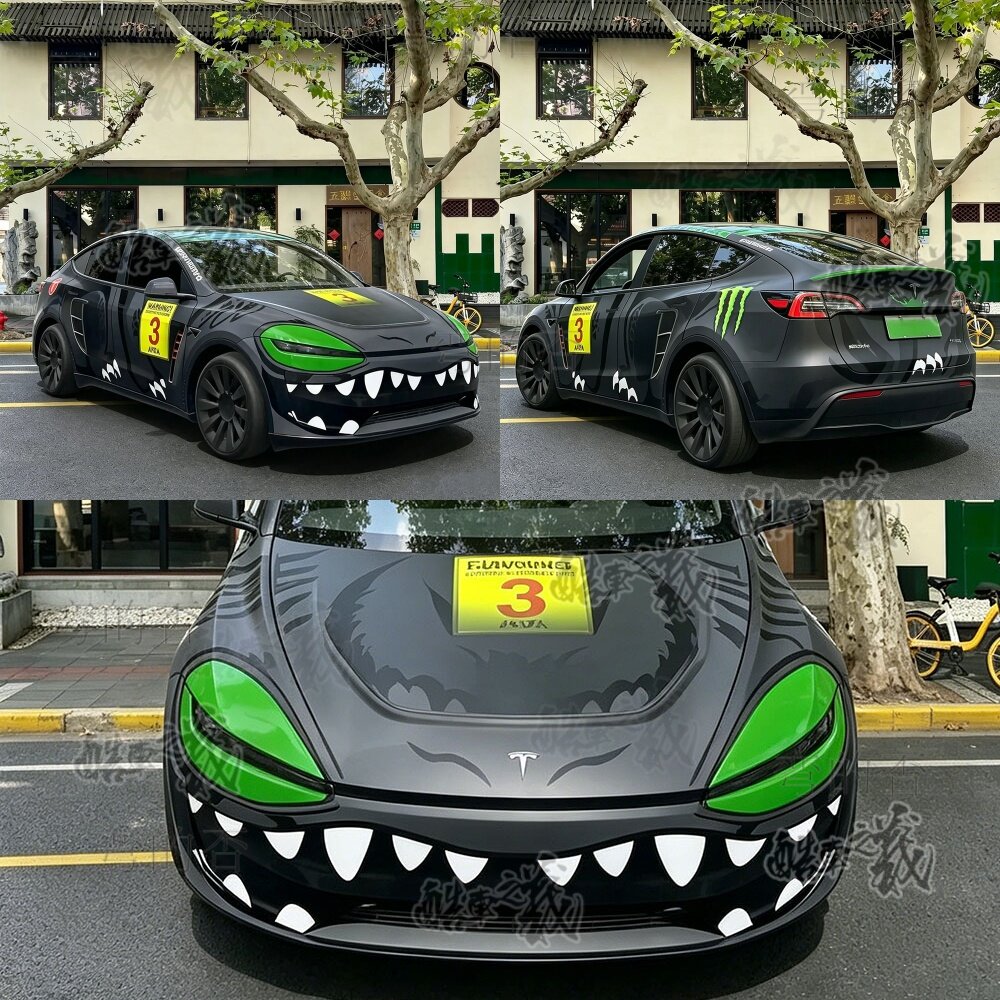 适用于特斯拉 Model Y鲨鱼涂装黑白款汽车彩绘改色贴膜个性定制