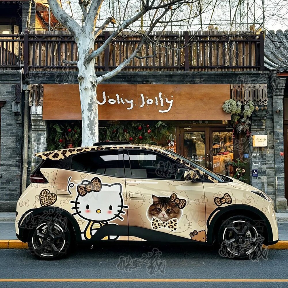 适用于比亚迪海鸥Hello Kitty豹纹改色甜妹彩绘贴膜可爱车衣定制