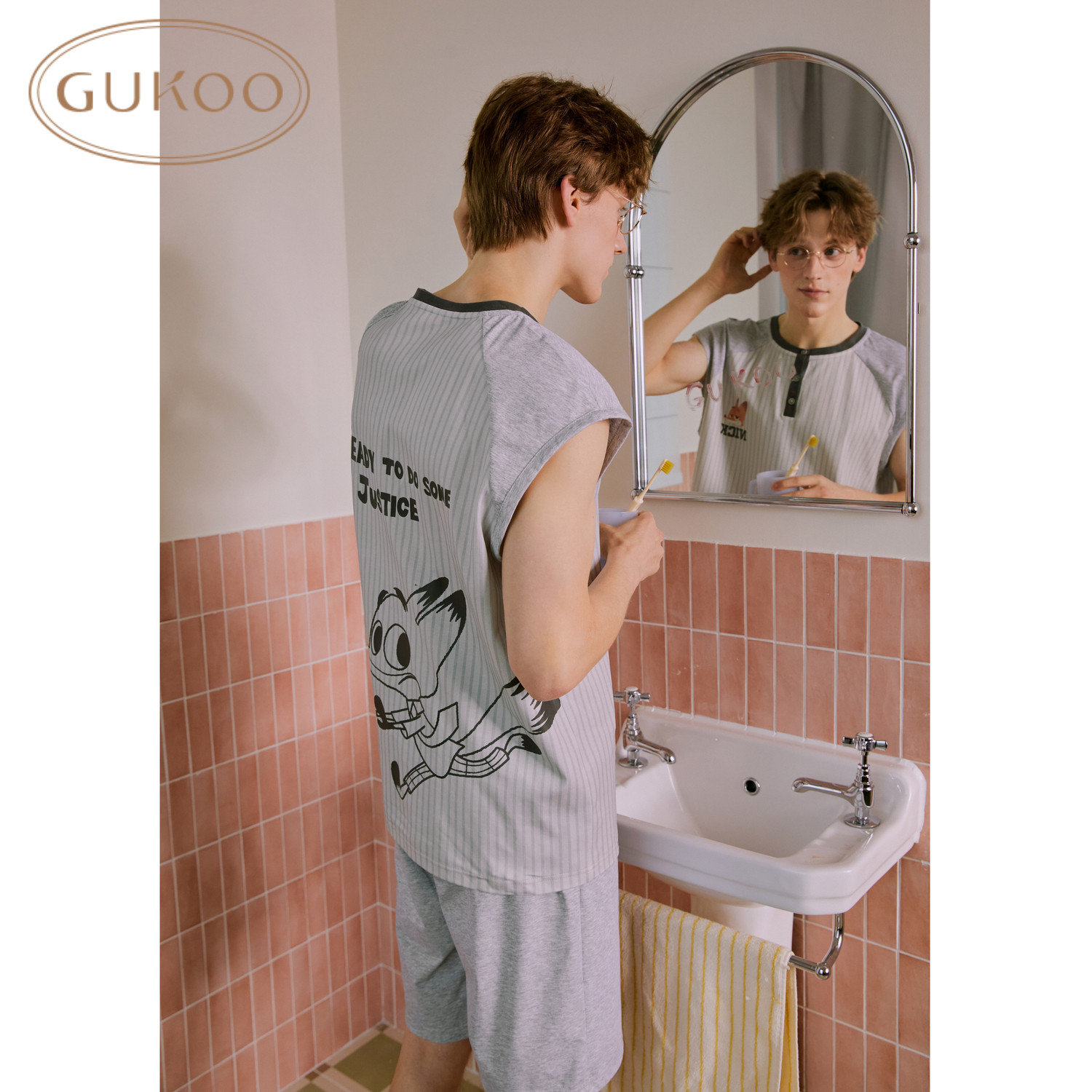 Gukoo/果壳疯狂动物系列夏季薄款男士睡衣软糯亲肤无袖家居服套装