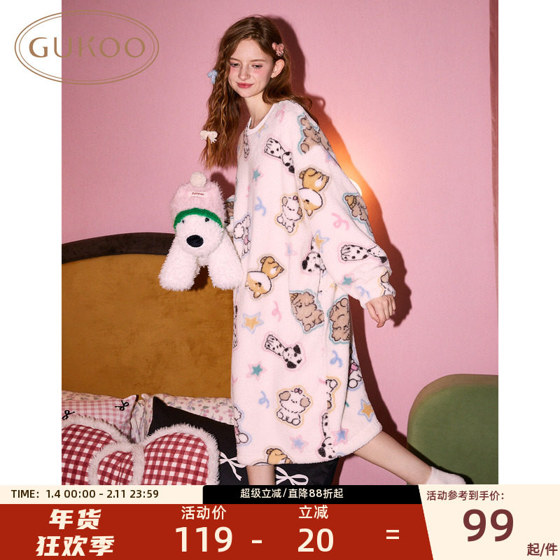 Gukoo/果壳冬季睡裙加厚卡通珊瑚绒保暖舒适圆领女士家居服睡裙,女士内衣/男士内衣/家居服,睡裙,淘宝优惠券,粉丝福利购,淘宝优惠卷
