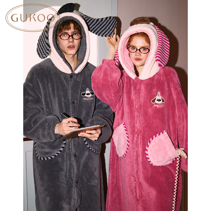 Gukoo/果壳冬季睡衣连帽加厚情侣睡袍保暖居家加绒女家居睡袍