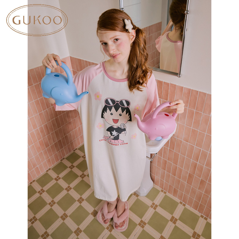 Gukoo/果壳卡通睡裙女春季樱桃小丸子可爱少女纯棉舒适家居服套装