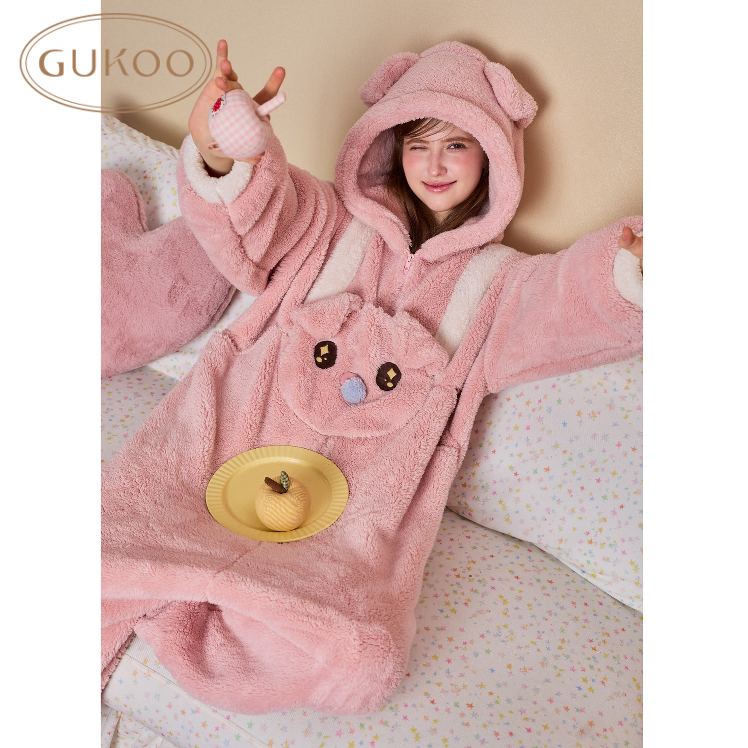 Gukoo/果壳甜美风小猪卡通连帽连体睡衣女加厚保暖家居服可外穿