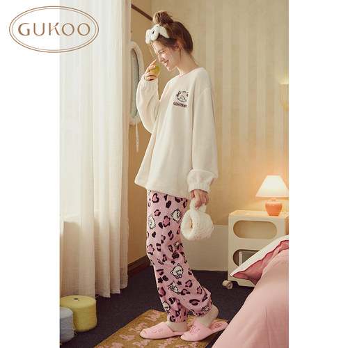 Gukoo/果壳女士冬圆领睡衣加绒保暖新年简约新款家居服可外穿