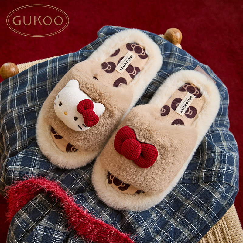 Gukoo/果壳冬季Hellokitty拖鞋女秋冬毛毛拖鞋甜酷豹纹高级感拖鞋图片
