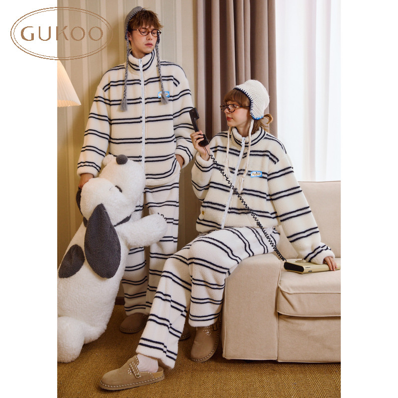 Gukoo/果壳睡衣男女冬款加绒黑白条纹家居服套装居家可外穿