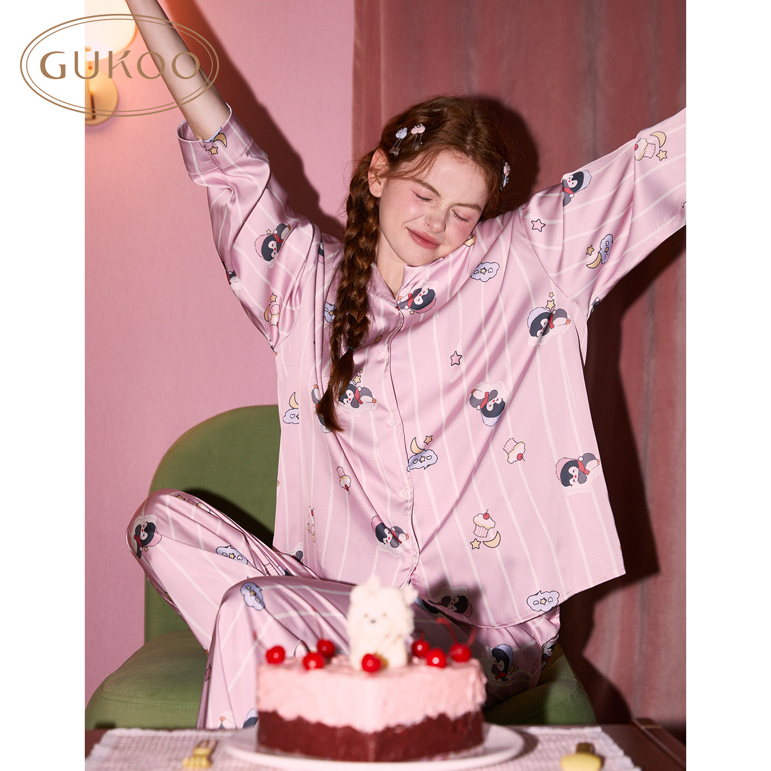 Gukoo/果壳睡衣女春小企鹅翻领雪纺套装长袖显瘦女士家居服套装,女士内衣/男士内衣/家居服,睡衣/家居服套装,淘宝优惠券,粉丝福利购,淘宝优惠卷