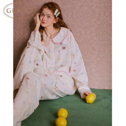 果壳女睡衣春秋季长袖翻领家居服