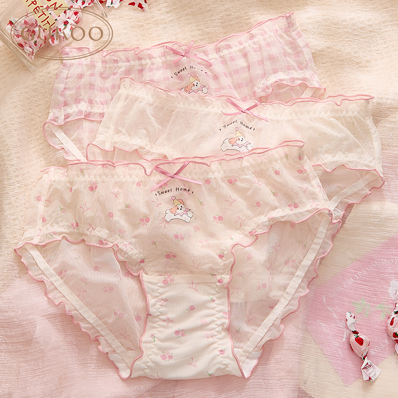 Gukoo/果壳软萌可爱卡通小狗内裤色蕾丝边少女清新网纱内裤
