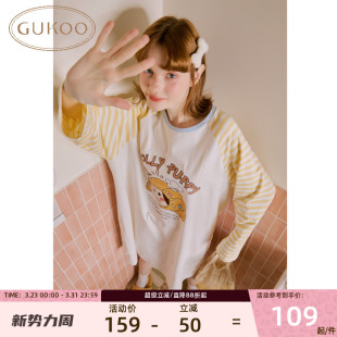 条纹舒适纯棉居家睡裙 睡裙可爱春秋长袖 Gukoo 果壳轰轰小狗26新款