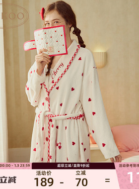 Gukoo/果壳睡袍珊瑚绒睡衣女秋冬加绒加厚浴袍晨袍新娘家居睡袍