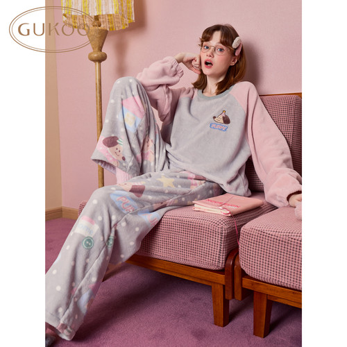 Gukoo/果壳女圆领冬季新款卡通珊瑚绒保暖家居服套装可外穿