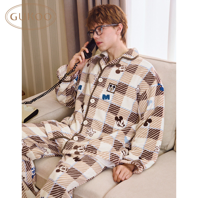Gukoo/果壳睡衣男士迪士尼格子加绒保暖家居服套装睡袍可外穿