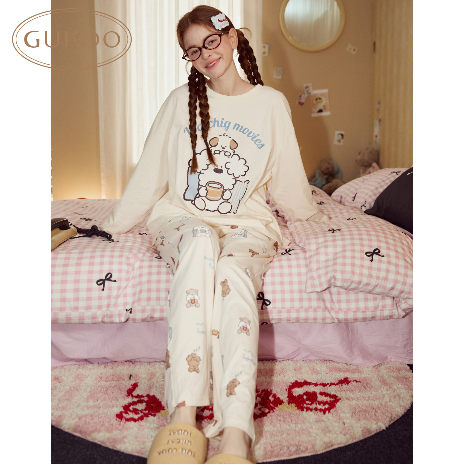 Gukoo/果壳卡通可爱风睡衣女春季圆领纯棉长袖可外穿家居服套装,女士内衣/男士内衣/家居服,睡衣/家居服套装,淘宝优惠券,粉丝福利购,淘宝优惠卷