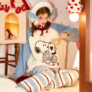 Gukoo/果壳卡通史努比睡衣女软绵绵半边绒套装秋冬保暖女士家居服