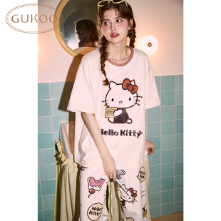 圆领女士家居服套装 Gukoo 新款 果壳kitty睡衣短袖 可外穿 舒适夏季