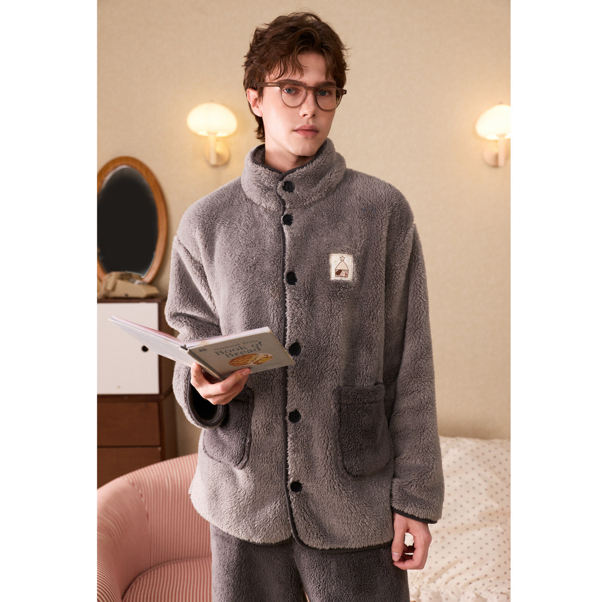 Gukoo/果壳男士珊瑚绒睡衣加绒保暖立领开衫家居服套装可外穿