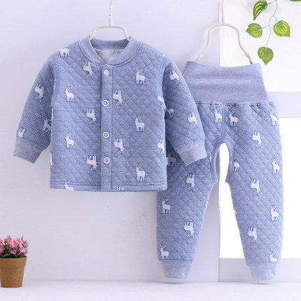 宝宝对襟开裆高腰护肚0123岁婴儿童无骨缝制表里纯棉三层保暖套装