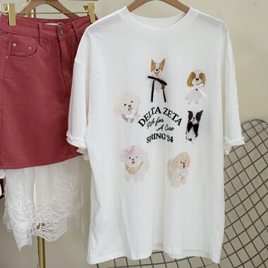 特价四季青韩版ins趣味小狗T恤木耳边蝴蝶结字母短袖白色T恤