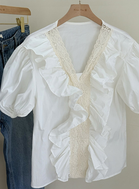 特价四季青V领白色法式泡泡袖上衣甜美设计感小众蕾丝拼接短袖