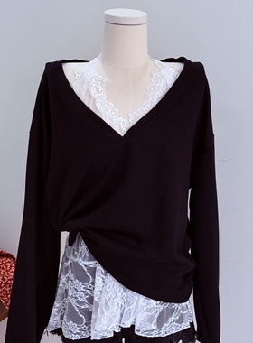 特价清仓韩国ins风纯欲风V领长袖黑色T恤宽松显瘦百搭打底衫上衣