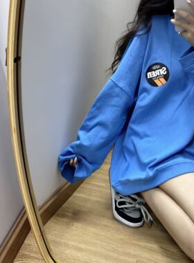 帅气蓝色～韩国前后印花宽松圆领薄款字母卫衣女慵懒洋气上衣潮