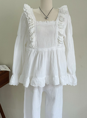 特价韩国ins白色蕾丝花边方领长袖长裤睡衣套装女宽松显瘦家居服