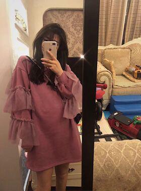 木耳边网纱长款卫衣24韩国钉珠字母宽松显瘦甜美粉色连衣裙仙现货