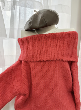 一字肩套头毛衣红色露肩宽松显瘦大版纯色氛围感上衣