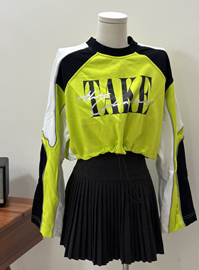 特价清仓 洋气绿色时尚撞色圆领字母印花宽松短款薄长袖卫衣女