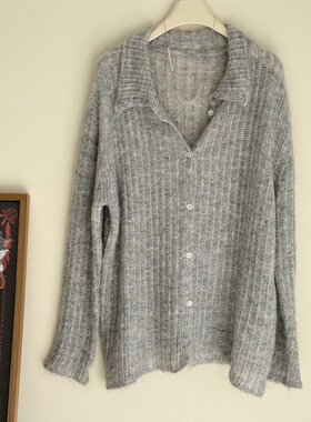 JennieHZ韩系灰色毛衣外套慵懒高级感单排扣翻领针织开衫上衣