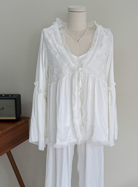 纯欲白~洋气性感蕾丝木耳花边长袖开衫纯色V领显瘦家居服睡衣女