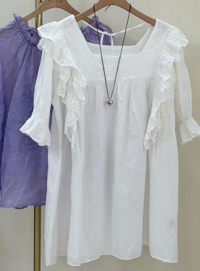 四季青韩版法式复古方领荷叶边短袖衬衫设计感小众上衣甜美连衣裙